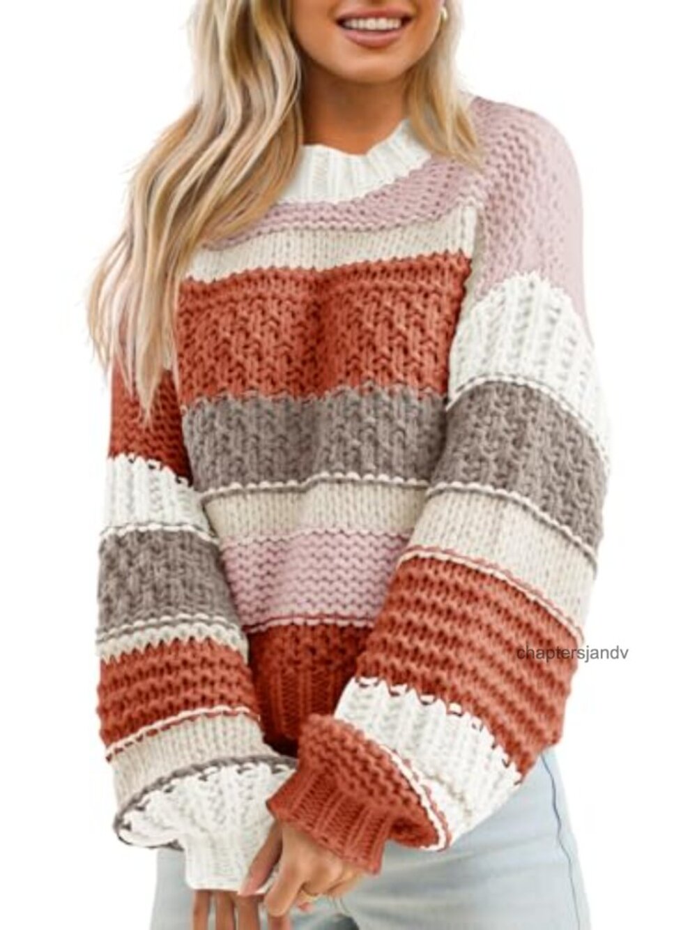 Womens Chunky Knit Cropped Sweater Color Block Striped Pullover